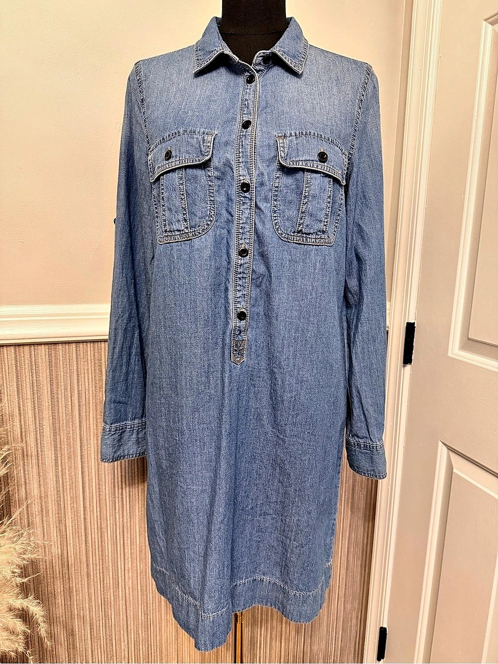 J.Crew Factory Denim Chambray Shirtdress Size 8 Blue Long Sleeve Popover